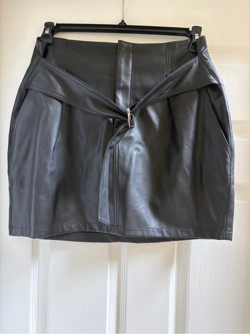 Bar III Black Faux-Leather Mini Skirt with Wrap Belt